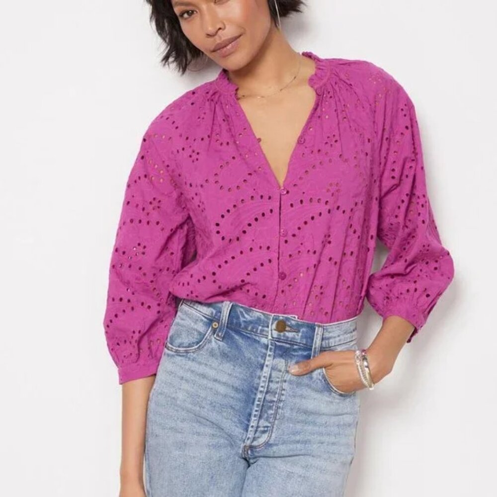 EVEREVE Larisa Eyelet Blouse Top Magenta XS Button Up 3/4 Sleeve Cotton Colorful